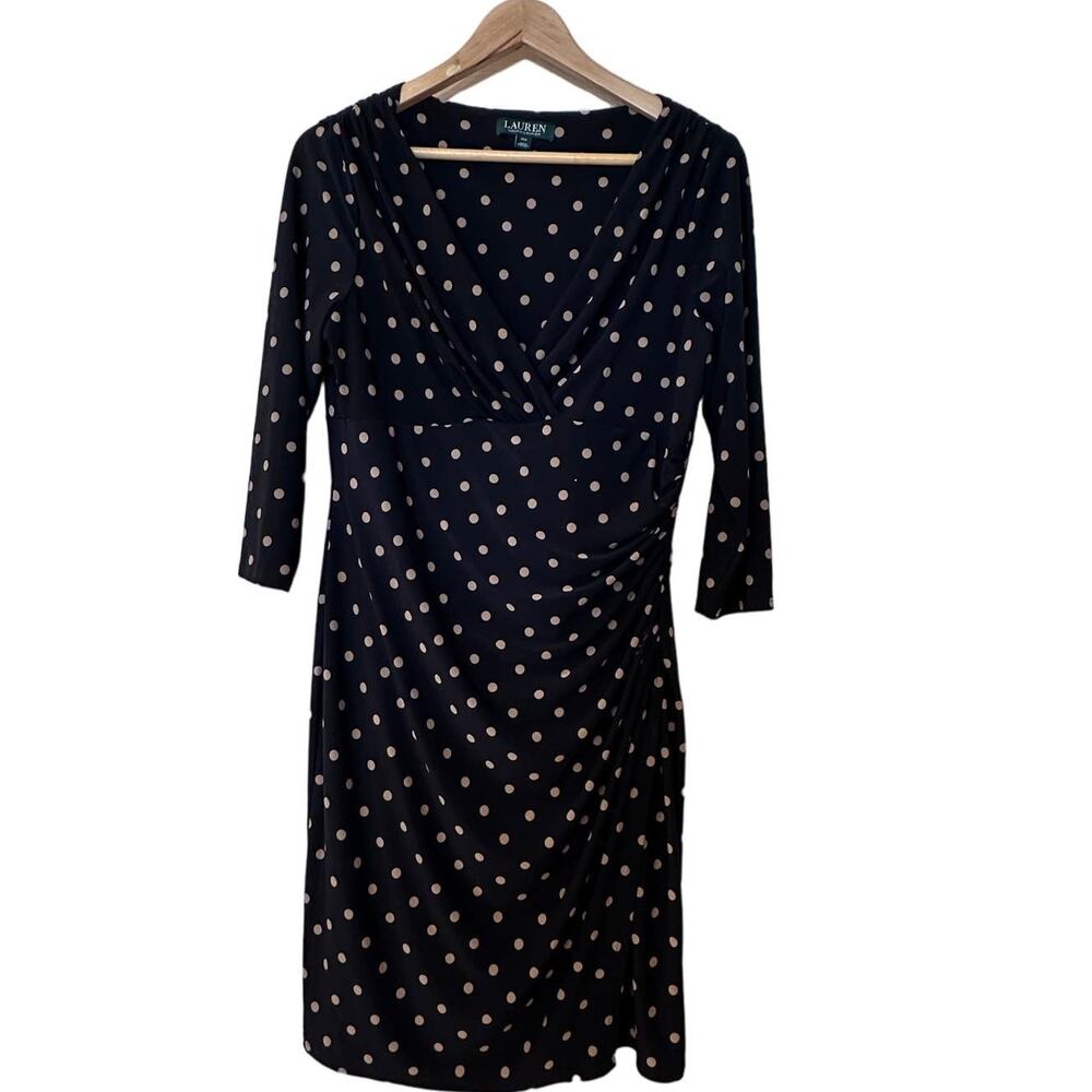 Lauren Ralph Lauren black tan polka dot gathered dress women's size 14 p Petite